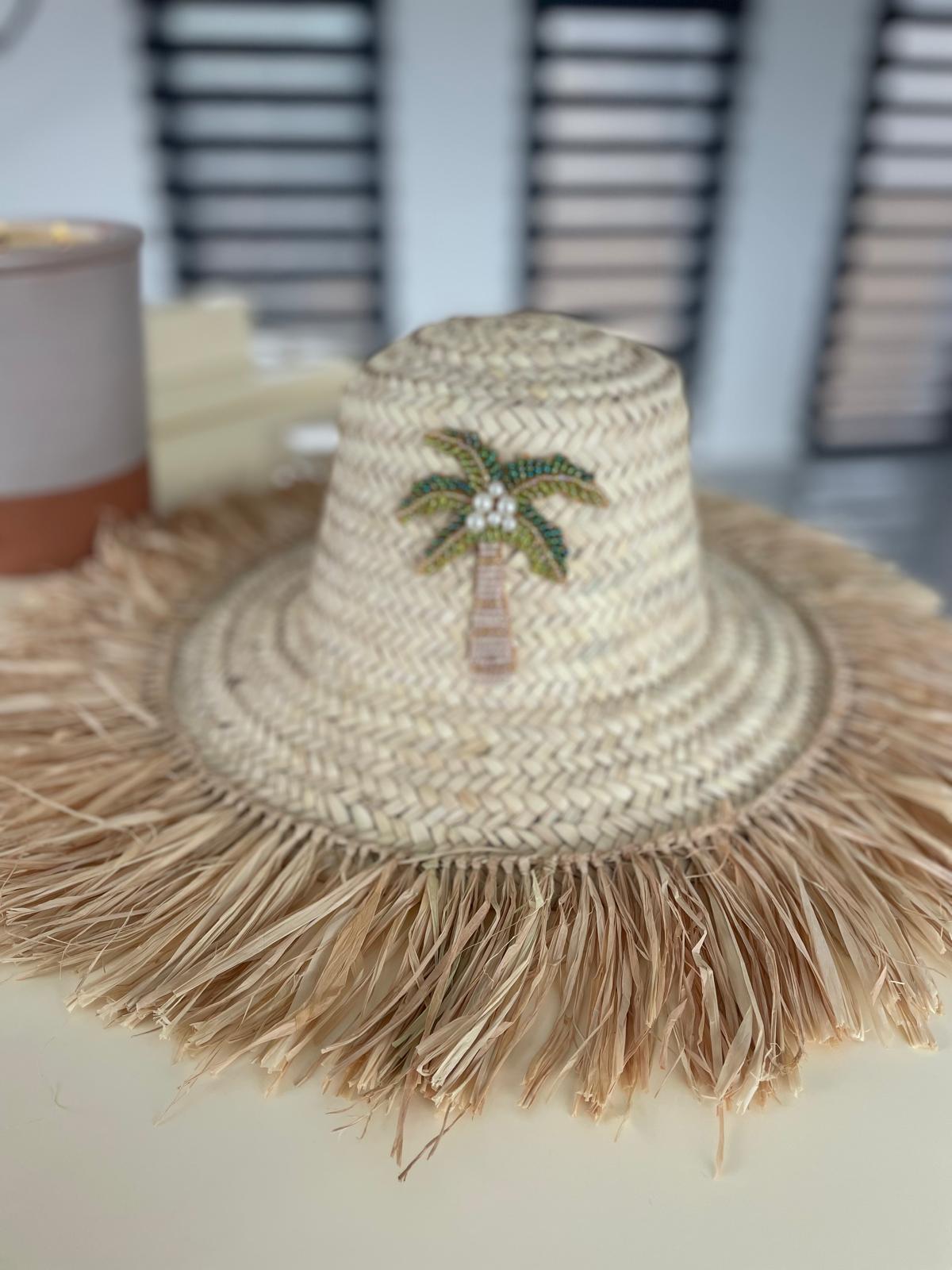 Chapeau à franges PALMIER PERLES VERTES
